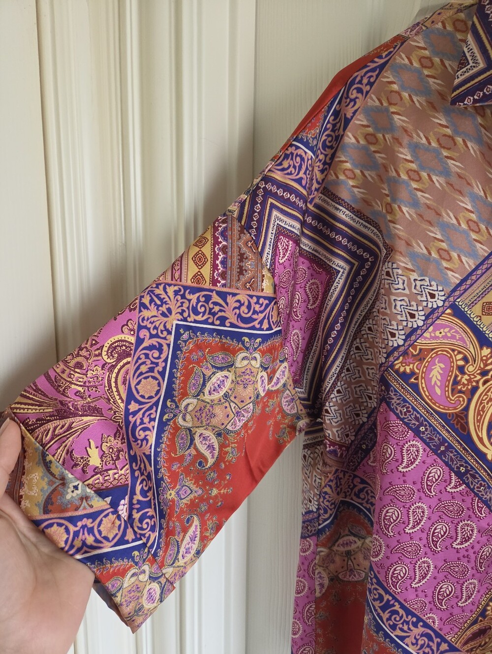 Cato Fashions Size L Patchwork Paisley Button Down Blouse Top Pink Red Boho - Picture 4 of 8
